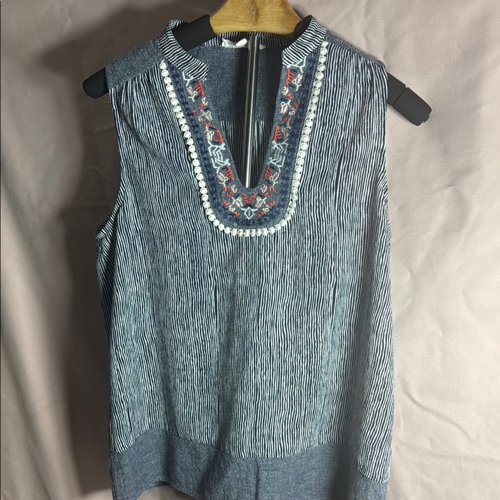 THML Blue Embroidered Sleeveless Blouse Boho Resort Summer Top Women’s